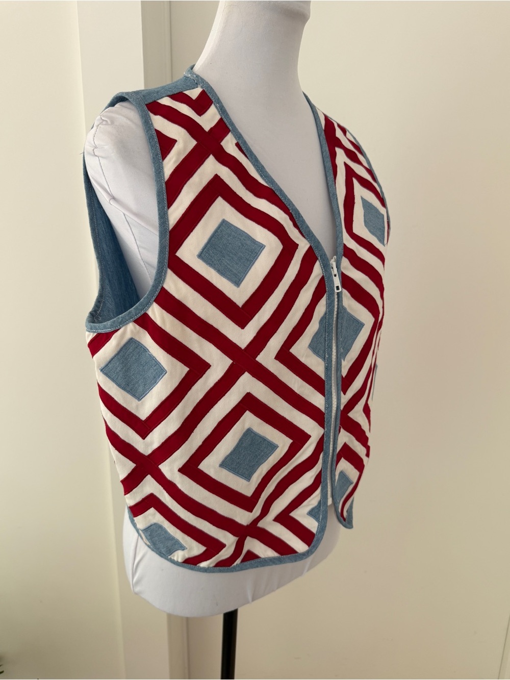 CAROL LITTLE SPORT Zip Front Vest Cotton Geometric Diamond Pattern Adjustable